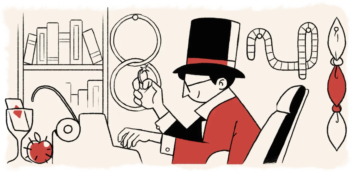 Illustration of magician at desk typing newsletter