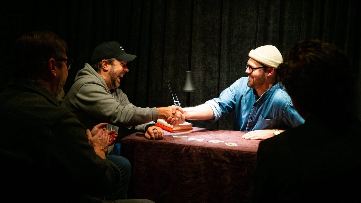 Andrew Frost shakes hands with Jason Sudeikis at 69 Atlantic magic show