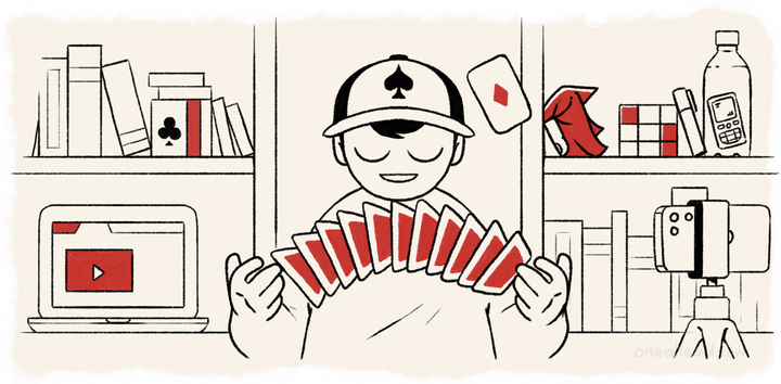 Illustration of a hobbyist magician shuffling cards